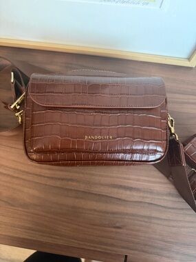 Bandolier Croc-Embossed Crossbody in Brown with Gold Hardware